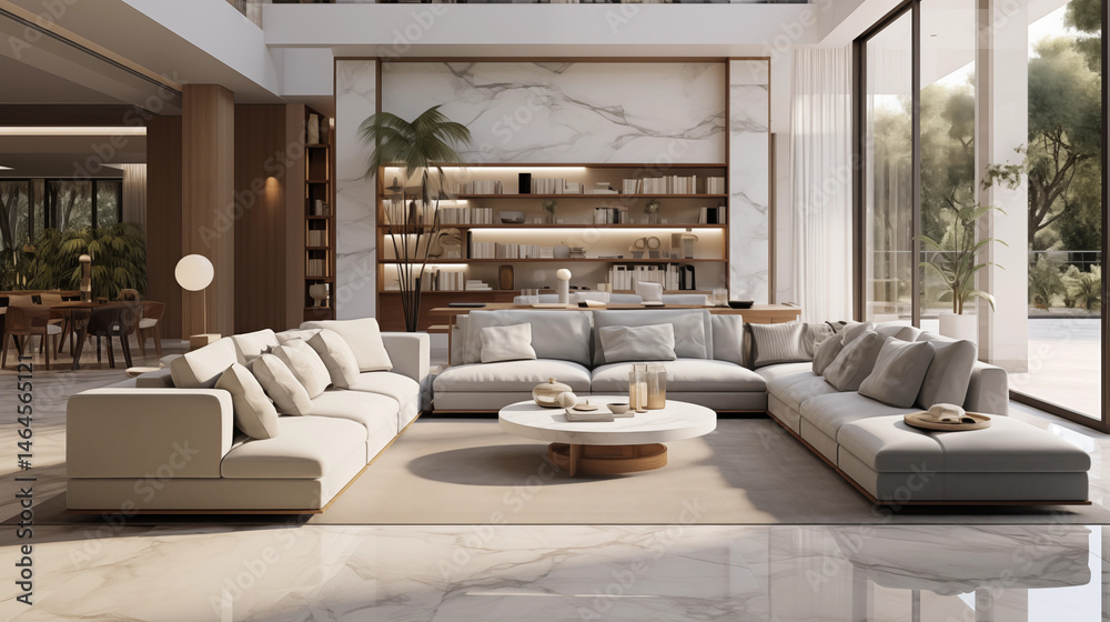Fototapeta premium Modern Luxury Living Room Interior Design Beige Sectional Sofa Marble Wall Bookshelves