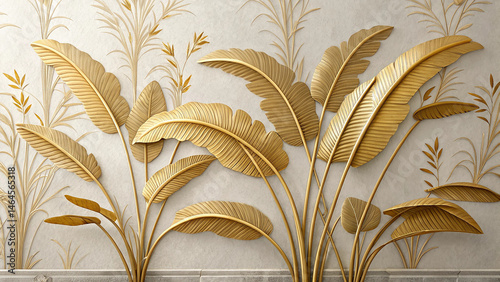 Gold and Cream Leaf Design on a Light Gray Background