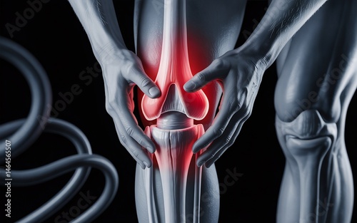 Human knee with pain highlighted, medical concept on black.