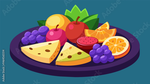 A deluxe snack journey awaits with an indulgent spread of rare handselected fruits and aged cheeses.. Vector illustration