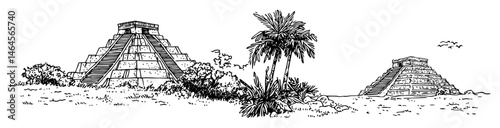 mayan pyramids with tropical vegetation illustration