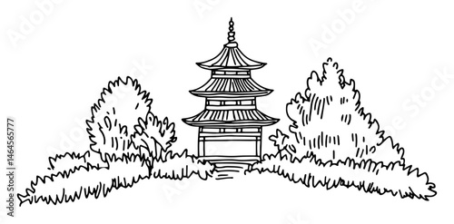 traditional asian pagoda in park vector black doodle sketch
