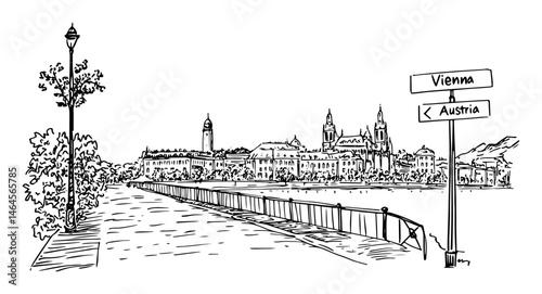 riverside view of vienna city with direction sign vector black doodle sketch