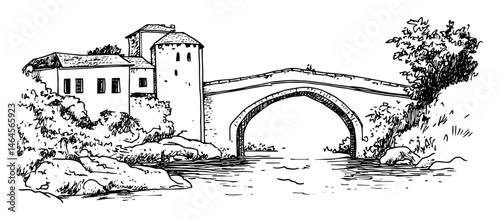 stone bridge and medieval riverside house vector black doodle sketch