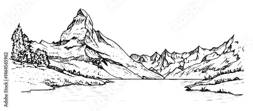 alpine mountain range with lake and trees vector black doodle sketch