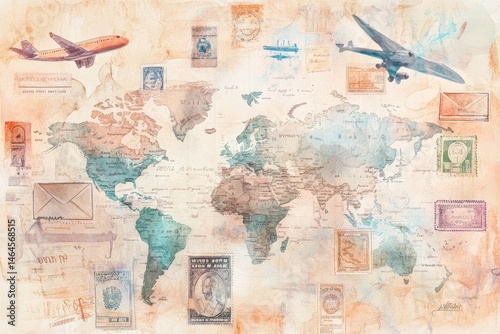Vintage world map adorned with travel elements.  Watercolor style, textured, with stamps, letters, and planes