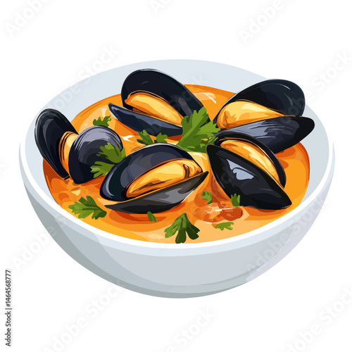 2D flat vector illustration of Mussel Stew, isolated on a white background.
