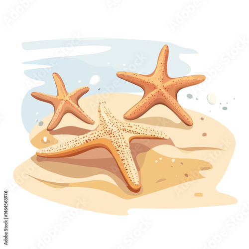 A Group Of Starfish On A Sandy Beach 2D flat vector illustration, isolated on a white background.