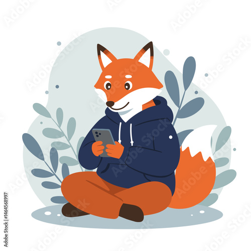 Friendly fox character using smartphone while sitting on ground surrounded by leaves on white background with copy space