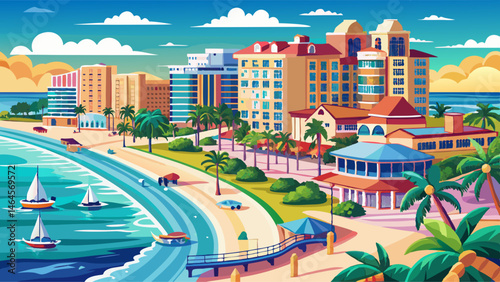 Panorama of city Clearwater Beach FL. Clearwater Beach Florida. Summer vacations in Florida. Beautiful View on Hotels and Resorts on Island. America USA. Gulf of Mexico. Street photography.