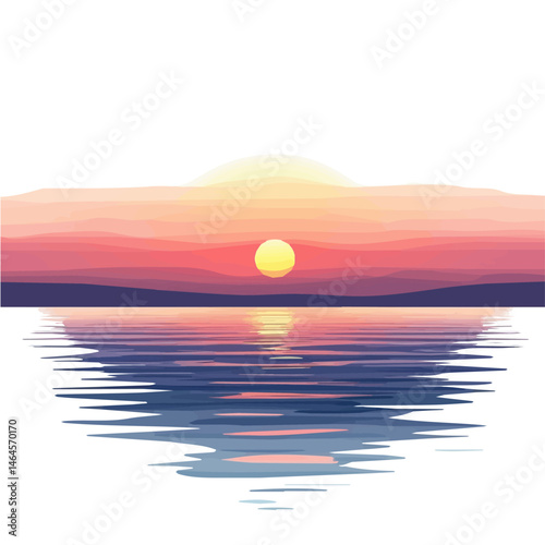 2D flat vector illustration of A Sparkling Summer Sunrise Over Calm Waters, isolated on a white background.