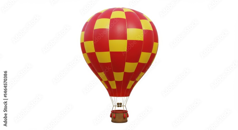 Naklejka premium Colorful checkerboard hot air balloon soaring against a bright white background for flight concept