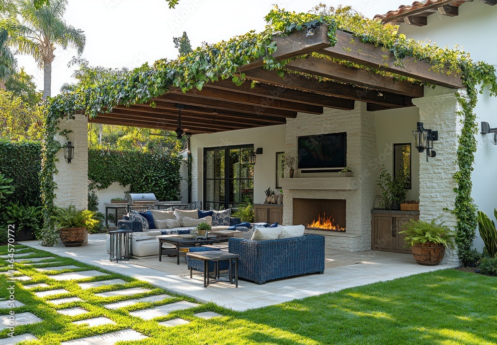 Obraz premium Outdoor patio with fireplace, seating, and pergola; sunny backyard