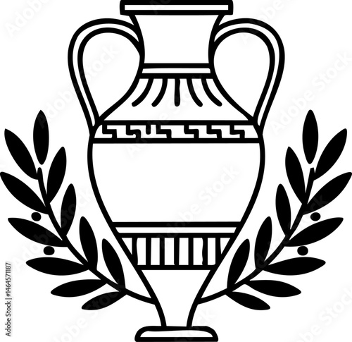 Ancient Greek Amphora with Laurel Wreath: Black and White Illustration