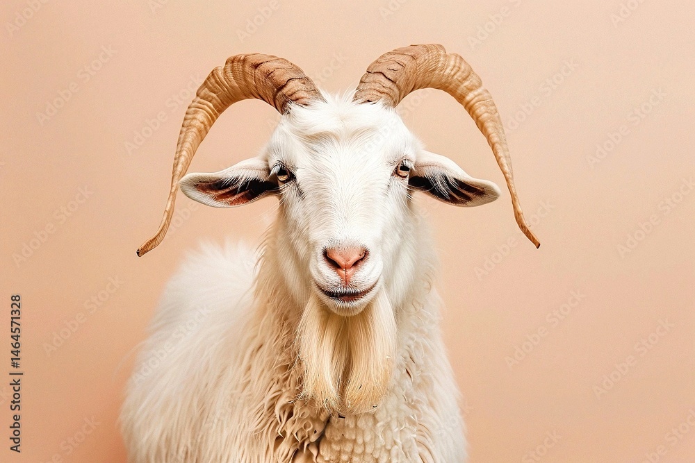 Fototapeta premium Close-Up Portrait of a White Goat with Large Spiraled Horns