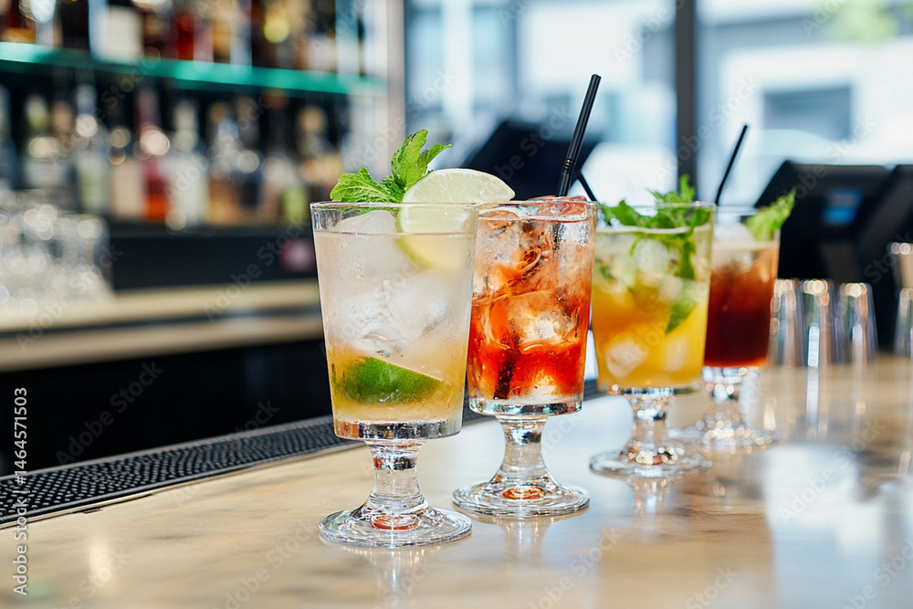 Classic composition: glasses with cocktails on the background of a bar counter, with a separate area for advertising text Classic composition: glasses with cocktails on the background of a bar counter, with a separate area for advertising text