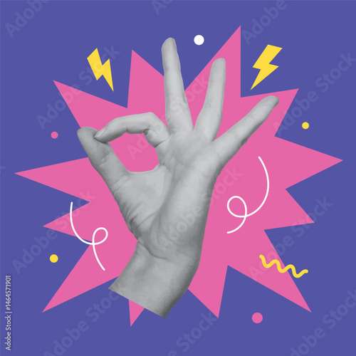 Halftone woman hand showing okey. Collage design for posters, banner, social media