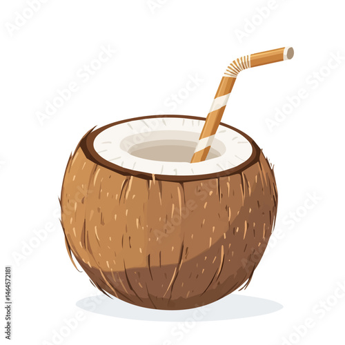 A Refreshing Coconut Drink With A Straw 2D flat vector illustration, isolated on a white background.
