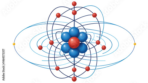Simplified atomic model illustrating positronium with red positrons and blue electrons orbiting a central point