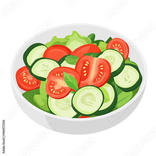 2D flat vector illustration of A Fresh Cucumber And Tomato Salad In A Bowl, isolated on a white background.