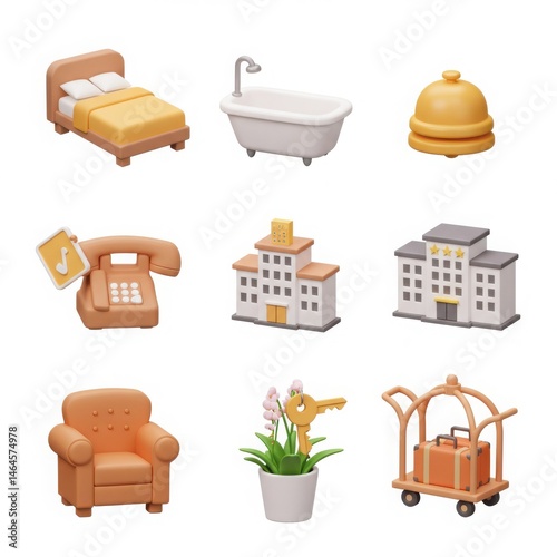 3d hotel amenities and services icons set isolated on white background