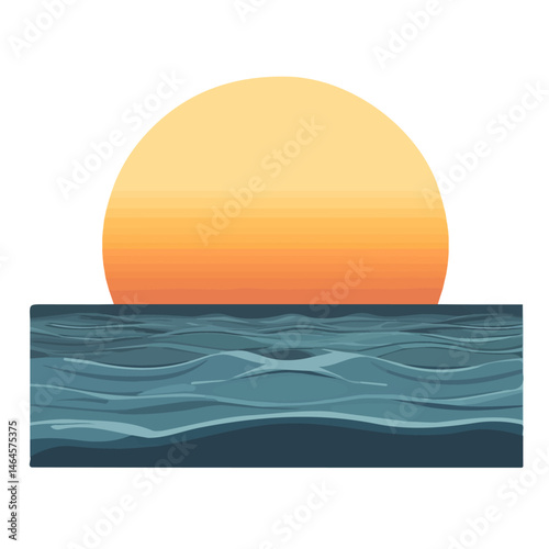 2D flat vector illustration of A Golden Sun Setting Behind A Calm Sea, isolated on a white background.