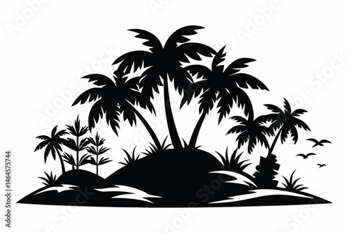 Silhouette tropical island vista displays palm trees, vegetation and birds in flight peacefully in black