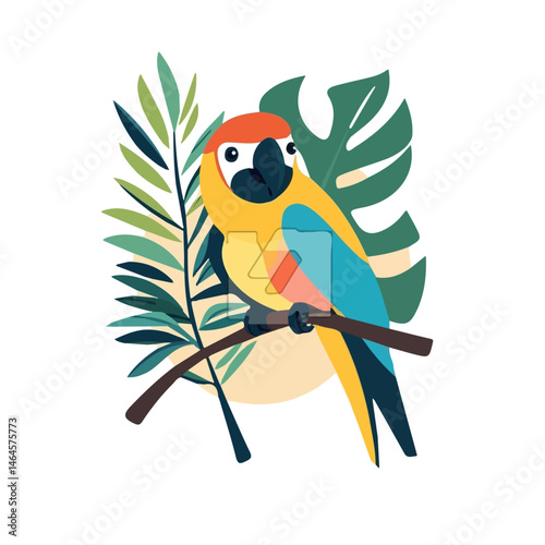 A Colorful Macaw Perched On A Tropical Branch 2D flat vector illustration, isolated on a white background.