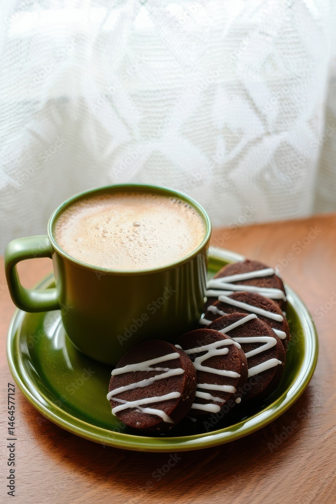 A green cup filled with steaming coffee sits on a matching plate with several chocolate cookies decorated with white icing. Sunlight streams through a lace curtain, enhancing the warm atmosphere
