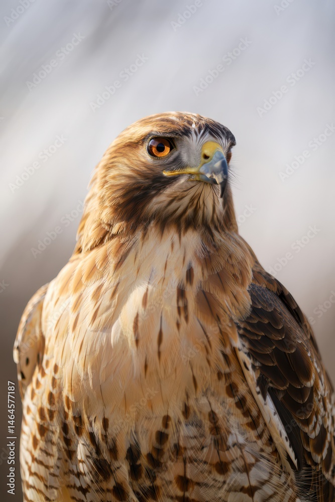A hawk stands proudly with its head turned, showcasing its vibrant feathers and sharp gaze. The soft background highlights its features, emphasizing its grace and beauty in the wild
