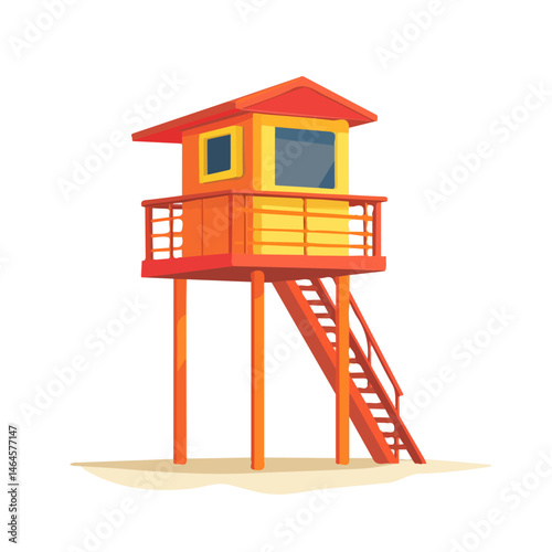 2D flat vector illustration of A Brightly Painted Lifeguard Tower On The Shore, isolated on a white background.