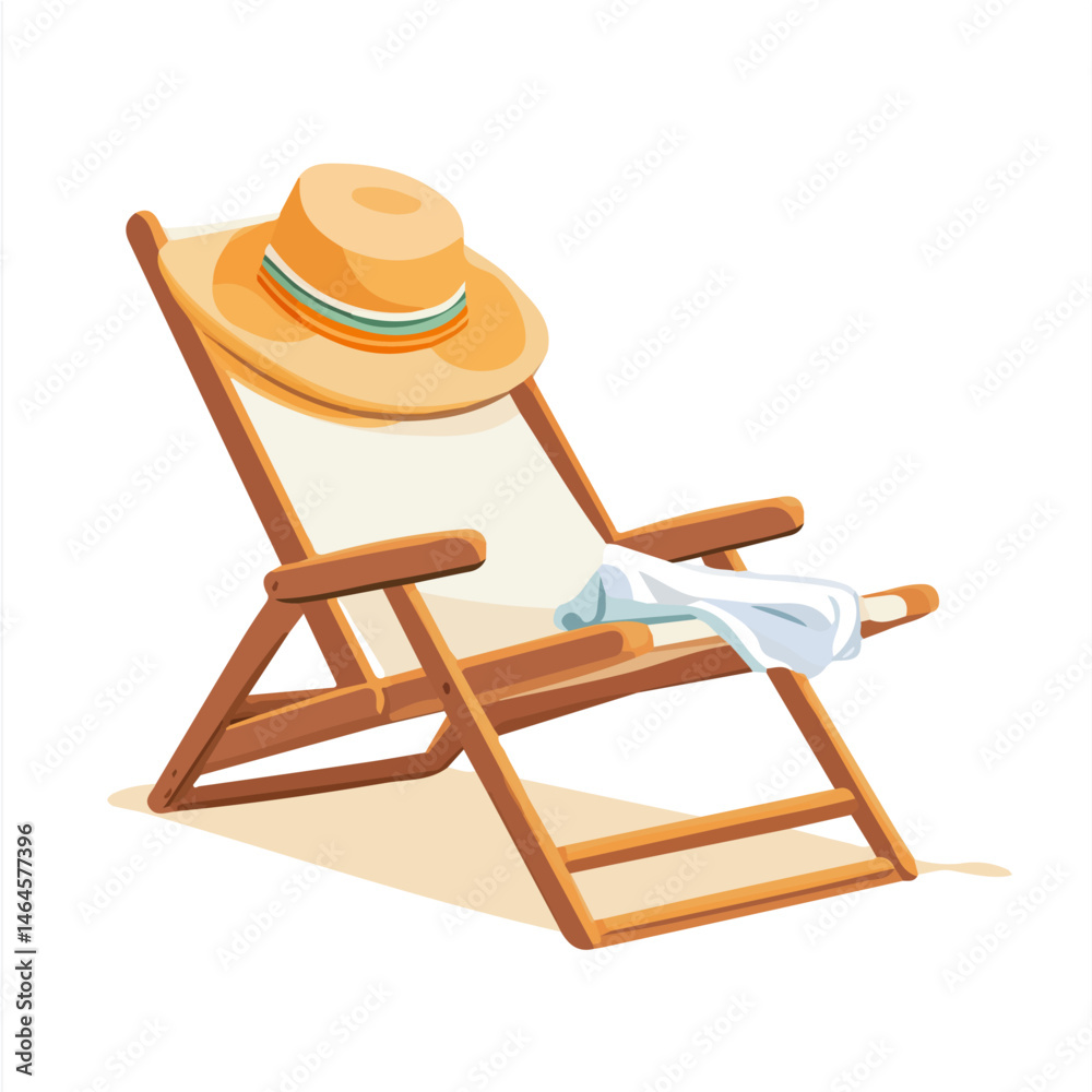 2D flat vector illustration of A Beach Chair With A Towel And A Hat, isolated on a white background. 2D flat vector illustration of A Beach Chair With A Towel And A Hat, isolated on a white background.