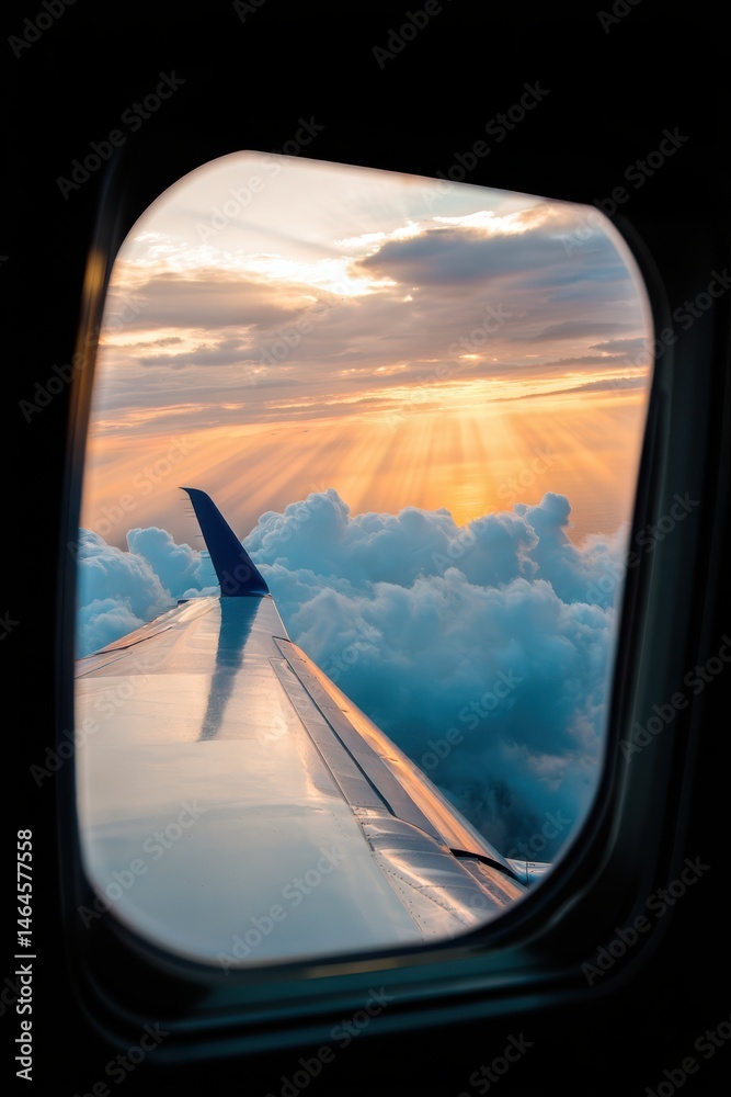 Passengers can admire a stunning sunset as rays of light break through the clouds, creating a serene atmosphere from the airplane's window. This enchanting moment captures the beauty of travel