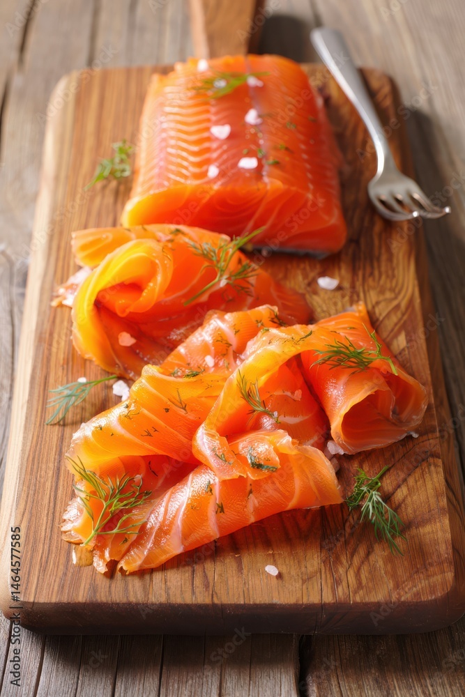 Slices of bright orange salmon are displayed on a wooden cutting board. The fish is garnished with herbs and sprinkled with sea salt, showcasing its freshness and quality