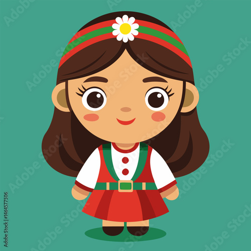 Adorable Girl in Traditional Folk Costume. Cute Child in Red Dress.  Happy Smiling Face. Cartoon Character.  National Clothing.