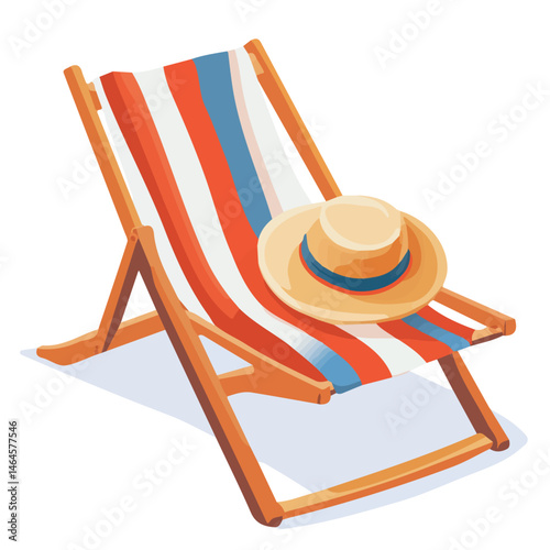 A Beach Chair With A Towel And A Hat 2D flat vector illustration, isolated on a white background.