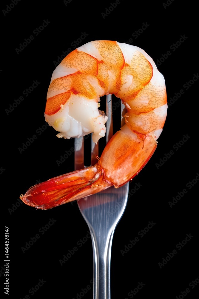 A plump shrimp is elegantly positioned on a silver fork, highlighting its vibrant colors. The black background adds to the overall allure of this culinary presentation