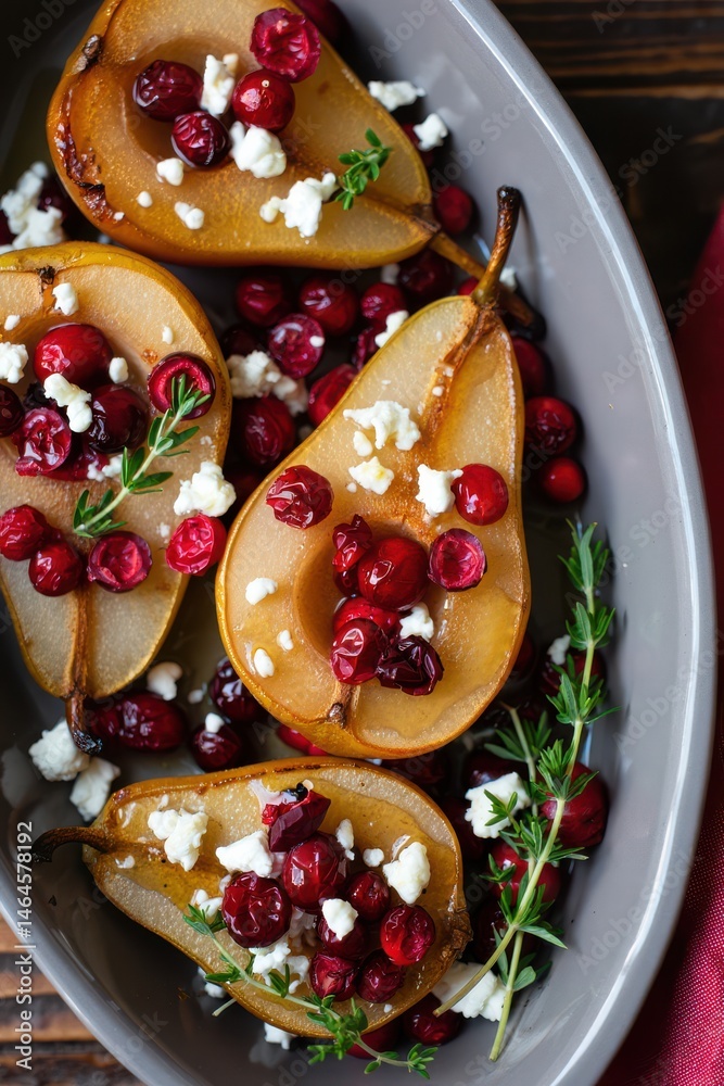 Roasted pears are beautifully arranged in a serving dish, garnished with fresh cranberries and crumbled goat cheese, perfect for a holiday celebration or gathering