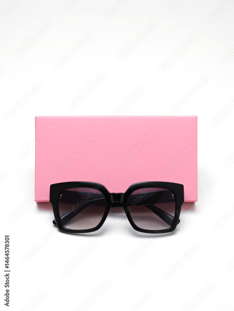 Black oversized sunglasses are displayed elegantly on a soft pink box against a clean, white background. The sunglasses feature a modern design suitable for fashion enthusiasts