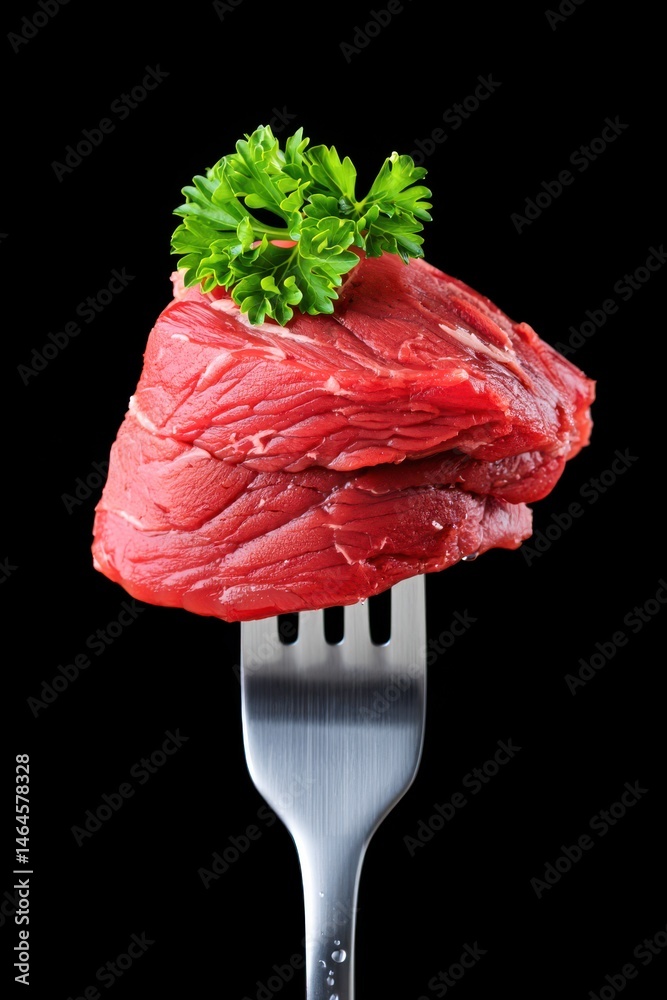 A vibrant piece of raw beef is elegantly displayed on a fork, accented with a sprig of fresh parsley. The strong contrast against the black background highlights the meat's rich color and texture