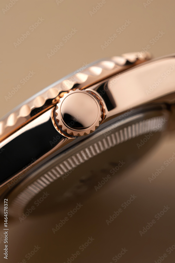 A close-up view highlights the detailed features of a luxury wristwatch with a shiny rose gold case, focusing on the crown and textured bezel against a soft background