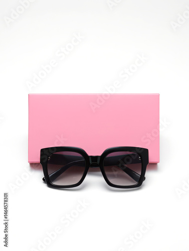 Obraz na płótnie Black oversized sunglasses are displayed elegantly on a soft pink box against a clean, white background. The sunglasses feature a modern design suitable for fashion enthusiasts w salonie
