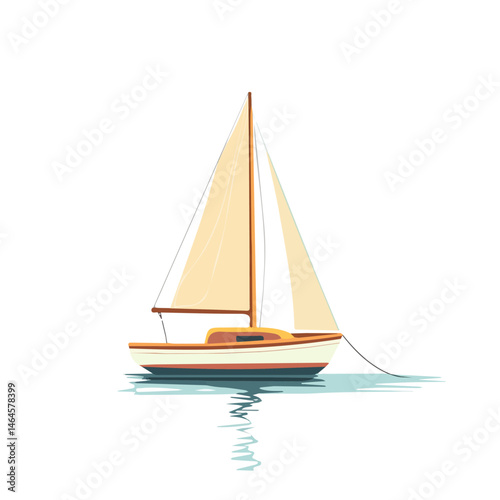 A Small Sailboat Floating In Calm Waters 2D flat vector illustration, isolated on a white background.