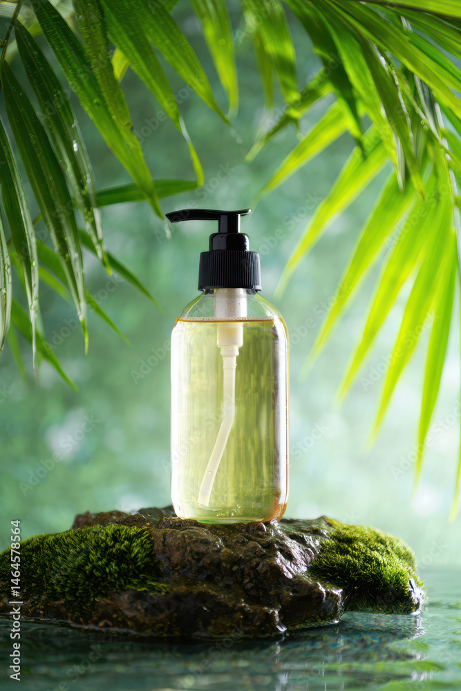 A clear liquid soap bottle stands elegantly on a moss-covered rock. Lush green tropical leaves surround the scene, reflecting tranquility and natural beauty. The setting creates a peaceful atmosphere