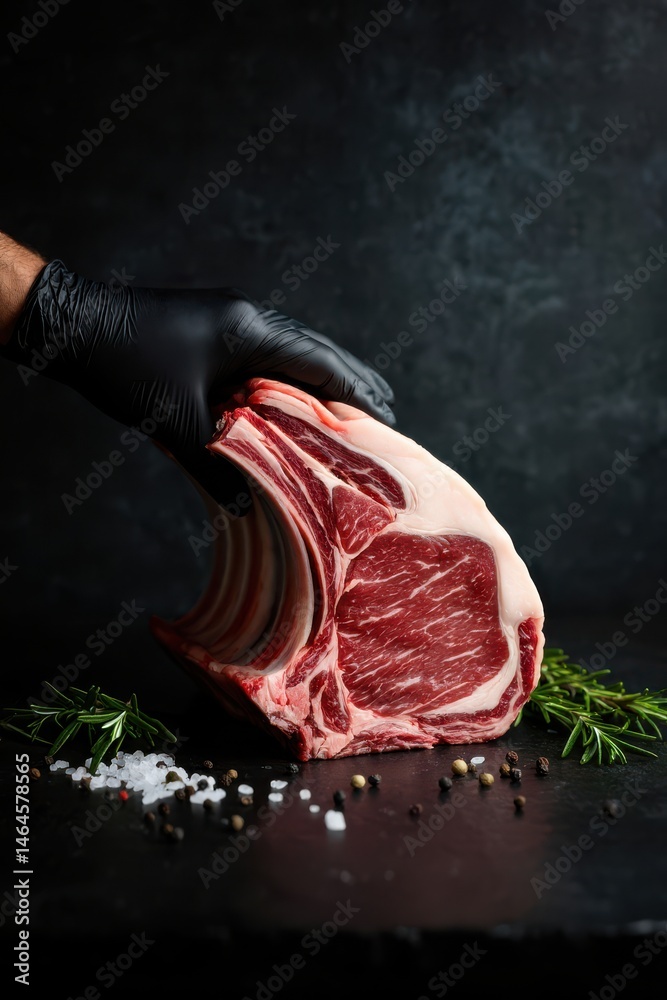 A hand wearing a black glove holds a large, marbled cut of meat. Surrounding the meat are fresh herbs, coarse salt, and pepper, suggesting preparation for cooking or grilling
