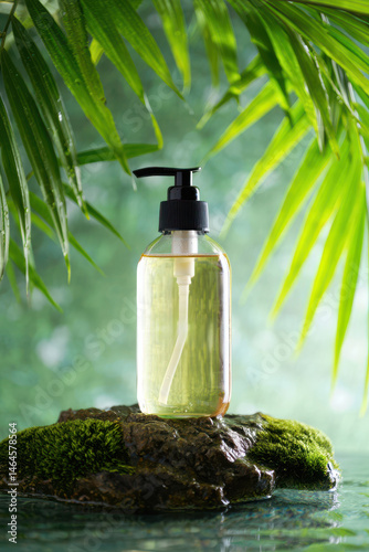 Obraz na płótnie A clear liquid soap bottle stands elegantly on a moss-covered rock. Lush green tropical leaves surround the scene, reflecting tranquility and natural beauty. The setting creates a peaceful atmosphere w salonie