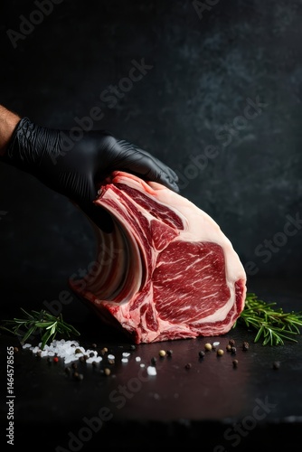 Obraz na płótnie A hand wearing a black glove holds a large, marbled cut of meat. Surrounding the meat are fresh herbs, coarse salt, and pepper, suggesting preparation for cooking or grilling w salonie