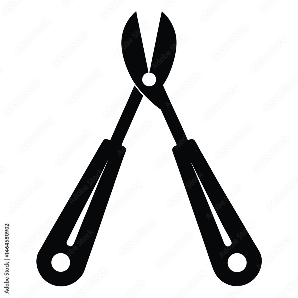A simple pair of closed black cutting shear's sharp blades are pointing upward