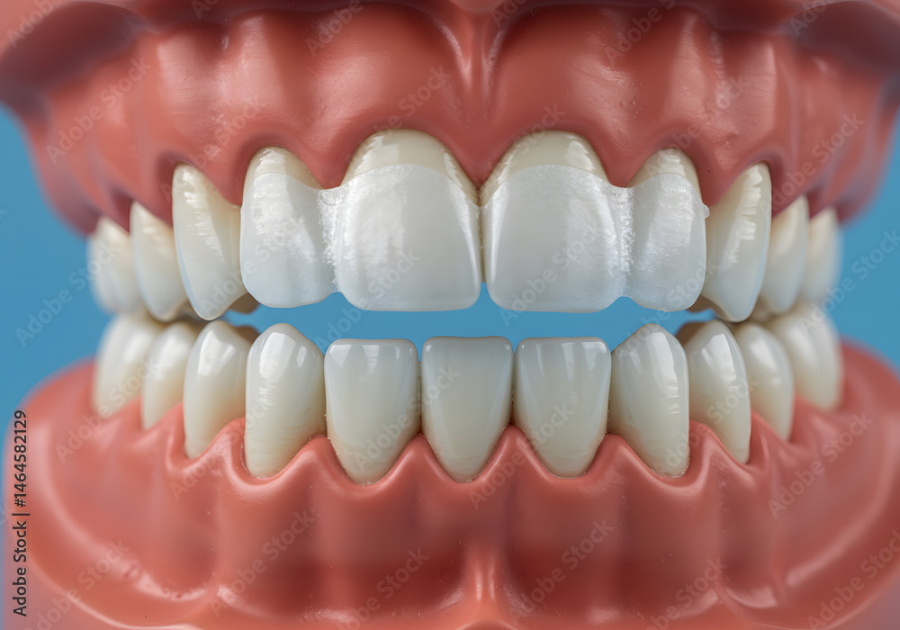 Fototapeta premium Close-up Detailed View of Artificial Teeth Model with Porcelain Veneers: Dental Aesthetics and Restoration