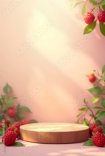 Obraz na płótnie Fresh raspberries and leaves beautifully arranged on a wooden pedestal with soft sunlight casting gentle shadows, creating a natural and inviting atmosphere perfect for a summer harvest display w salonie